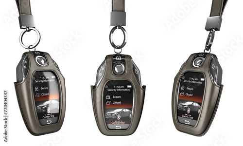 Car remote control key set in lather case realistic view 3d render on white