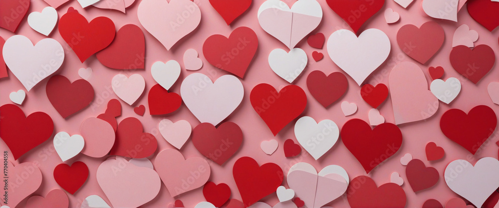 Modern Valentines Day background Layered Hearts in Shades of Red and pink colorful background