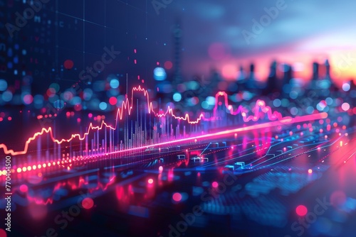 A city skyline is shown in red and blue with a lot of dots. finance and technology background