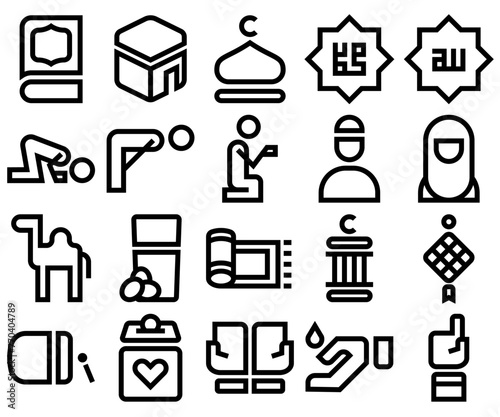 Simple Minimalist Outline Style Islamic Theme Icon Set. Editable Line. Adjustable Stroke Width.