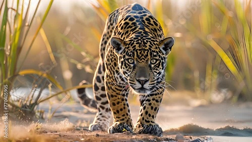 A lone adventurer pauses by a riverbank as a sleek jaguar stealthily stalks towards a nearby watering hole. The predators intense gaze meets the humans gaze creating a thrilling photo