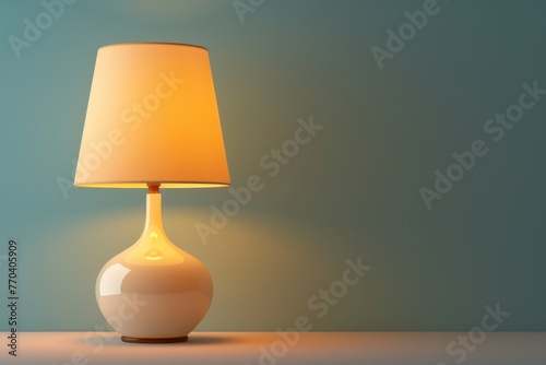 A lamp with a white shade is lit up and sitting on a table