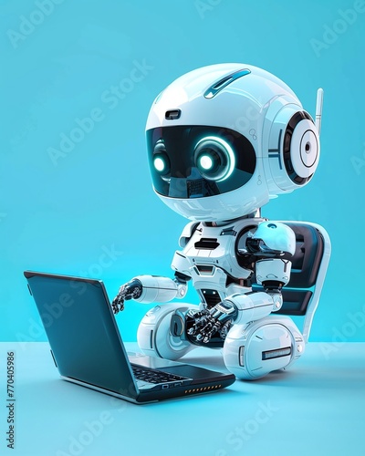 white robot working on a laptop on a colored background