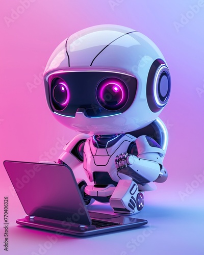a white robot works on a laptop