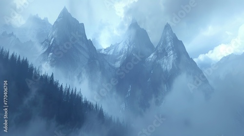 Towering peaks of a foggy mountain shrouded in mist and mystery photo