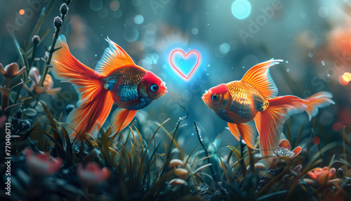 two gold fish in an aquarium with a neon love heart. Summer fairytale card. © Marina