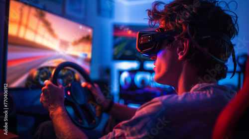 Gamer Wearing Virtual Reality Headset Driving Simulation Racing Game