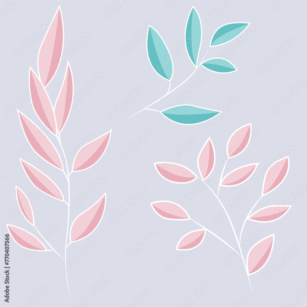 Modern set of branches with blue and pink leaves. Delicate shades. Botanical elements of unusual colors. Flat vector illustration. Modern set of branches with blue and pink leaves. Delicate shades. Botanical elements of unusual colors. Flat vector illustration.