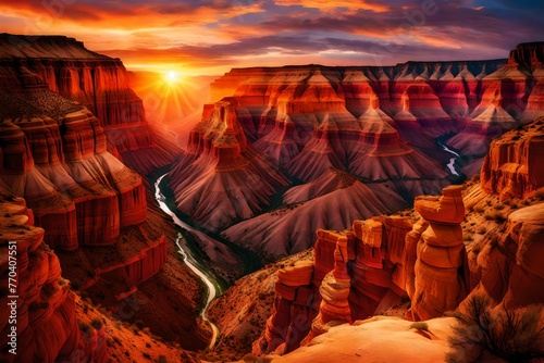Sunset in the canyon unveils a breathtaking tapestry of vivid colors and natural wonders.