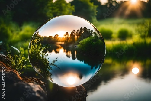 In the artistry of crystal lens ball photography, the beauty of dawn unfolds with a serene lake and the vibrant greenery that adorns its shores.