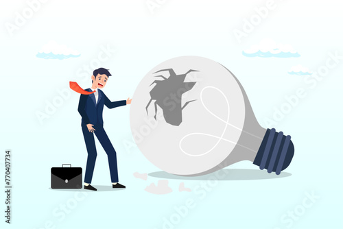 Depressed business man sadly standing with fail old broken lightbulb idea, uninspired or motivation after business failure, burnout or exhausted from crisis, no new idea or inspiration (Vector)