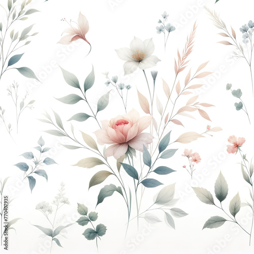  Minimalist floral, seamless pattern, light watercolor, modern and chic 