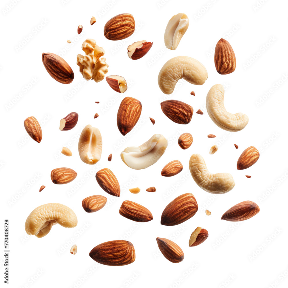 Flying nuts isolated on transparent background 