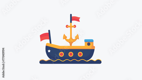 Vector of boat with anchor and flag. Cute ship icon c