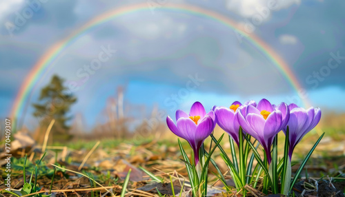 Spring saffron flowers against a blue sky. Field of crocus flowers in rainbow light.