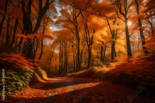 Nature s canvas on full display  as an enchanting autumn forest road leads you into a world of breathtaking foliage.