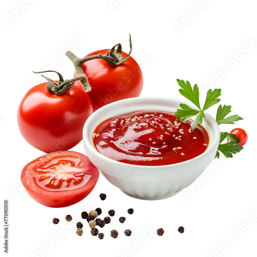 Ketchup in bowl, fresh tomatoes and spices isolated on transparent background 