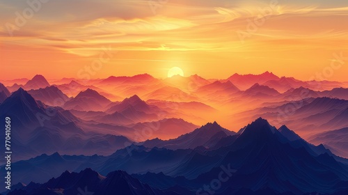 Sunrise over mountain landscape, golden light cresting peaks, perfect for inspiring messages © komgritch