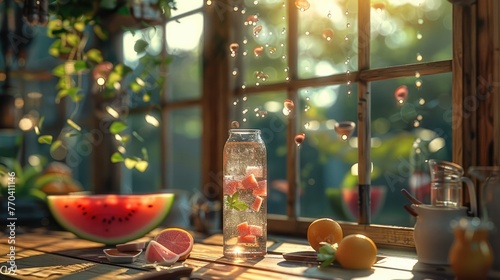 The watermelon and soda are on the wooden desk. Generative AI.