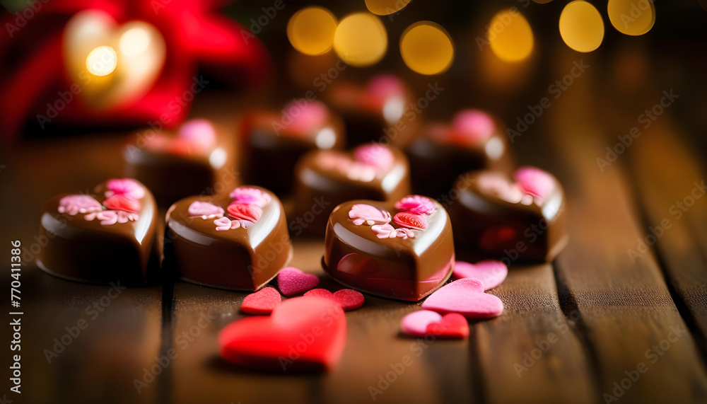 heart-shaped chocolate pralines on a dark wooden table with bokeh lights in the background. heart-shaped chocolate pralines on a dark wooden table with bokeh lights in the background.