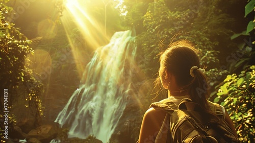 Girl in explorer clothes looking at a beautiful waterfall in the Amazon jungle, golden hour, side view, Lomography Color 100, analog camera, vibrant and saturated colors photo