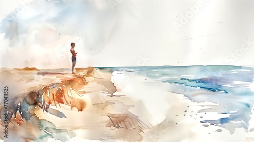light watercolor, teenager playing at the beach, bright, white b