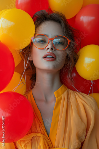 A fashionable woman in yellow shirt and orange glasses surrounded by vibrant red and yellow balloons. © Zography
