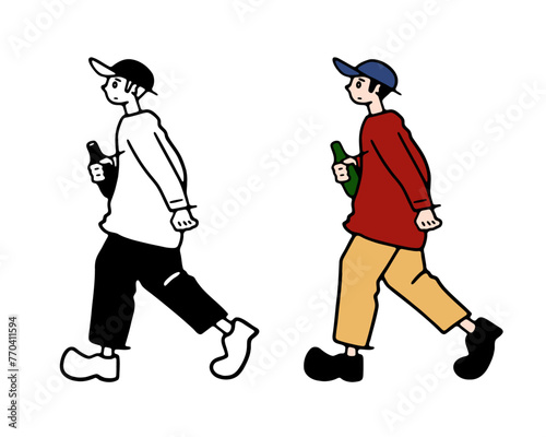 ビールを持って歩く男性の線画イラスト