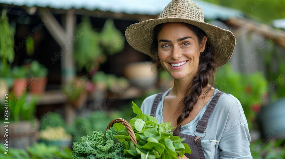 Woman holding a basket with fresh vegetables in a garden. 