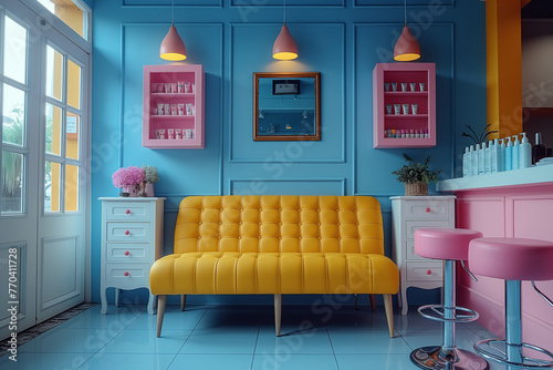 A cozy modern clinic or beauty studio interior boasting a striking yellow sofa against pastel blue walls and charming decor.