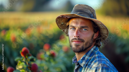 Handsome farmer standing in a cultivated field. 
