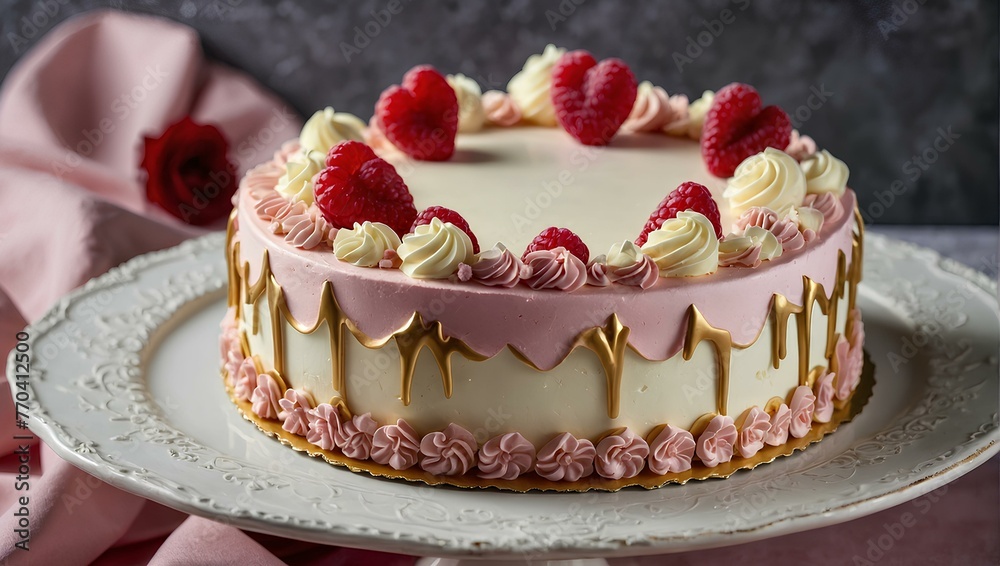 Exquisite cake conveys the perfect sentiment. Crafted with affection, this delightful four-layer sponge cake is a treat to the taste buds. Each layer is meticulously finished with a layer of pink vani Exquisite cake conveys the perfect sentiment. Crafted with affection, this delightful four-layer sponge cake is a treat to the taste buds. Each layer is meticulously finished with a layer of pink vani