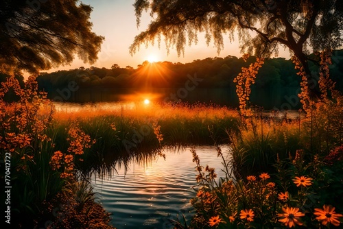 Breathtaking sunset over a peaceful lake, where the sky meets the water, framed by a backdrop of rich foliage and a carpet of wildflowers.