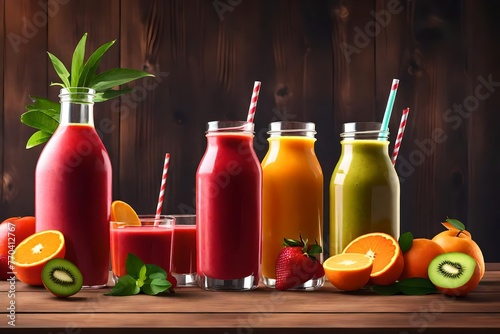 bottles of fruit juice and smoothie with fresh fruits on a wooden table