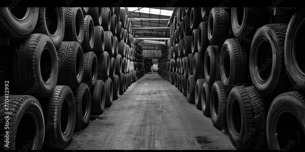 Against the backdrop of the warehouse, rows of stored tires await, symbols of the constant motion of life.