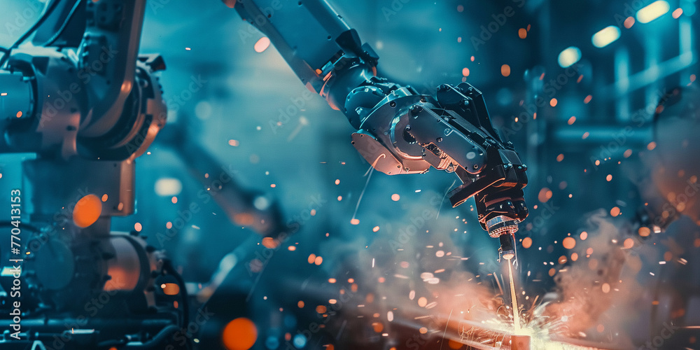 Automation takes center stage as robotic arms weld metal, sparks flying, in a display of technological prowess.
