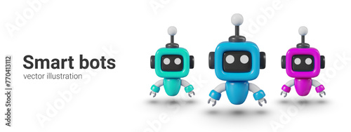 Set of mini robots of different colors. Small realistic intelligent droids