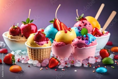 tutti fruity  ice cream with rainbow sprinkles and cherry, strawberry on top, photo
