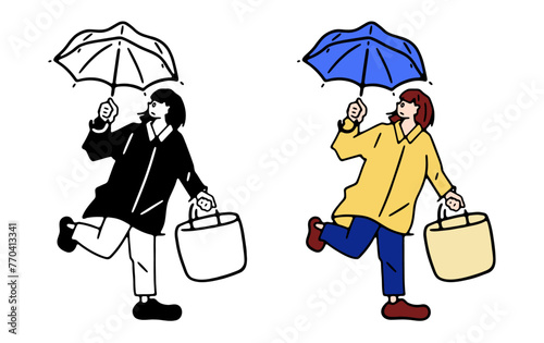 傘をさして歩く女性の線画イラスト