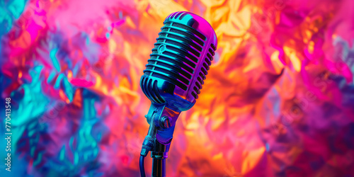 Vibrant hues of pop art illuminate a classic microphone, capturing the retro essence of music and culture.