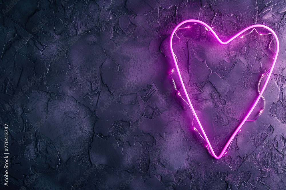 Neon heart on dark textured background. Valentine's day concept.