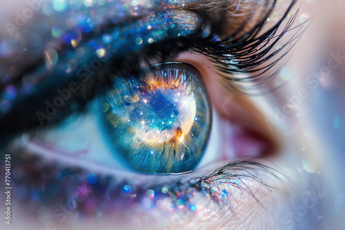 Macro shot of a beautiful woman's eye with cosmic space background.
