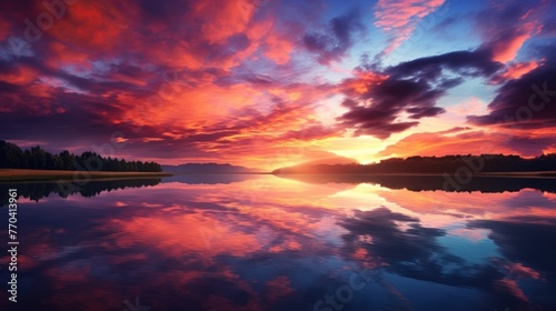 Tranquil lake, ablaze in orange and purple sunset hues. photo