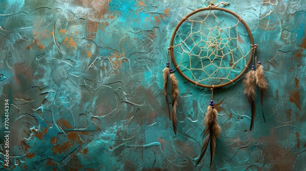 Olive dream catcher on aquamarine textured background. Texture of concrete, Dreamcatcher made of feathers leather beads and ropes in classic blue trendy color, hanging. background - obrazy, fototapety, plakaty 