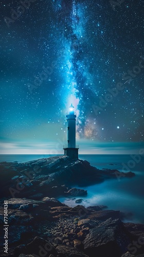 lighthouse at sea, starry night sky, calm ocean, glowing light beam, rocky shoreline