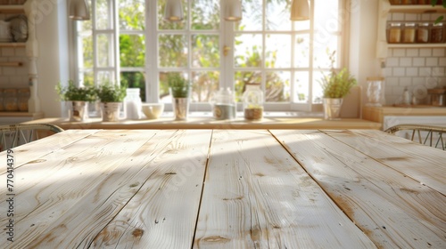 Empty wood table top and blurry modern kitchen interior background.