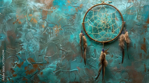 Olive dream catcher on aquamarine textured background. Texture of concrete, Dreamcatcher made of feathers leather beads and ropes in classic blue trendy color, hanging. background photo