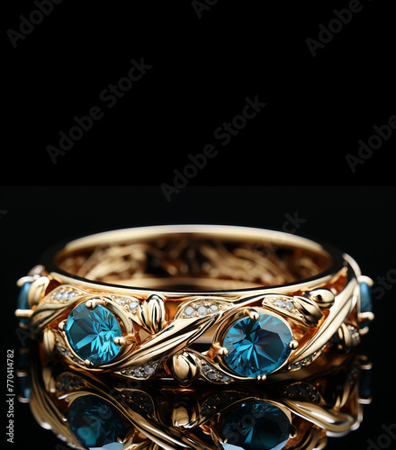 Luxurious gemstone ring with nature inspired design. Black background with copy space.