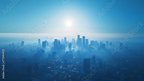 Smog-filled city skyline transitioning to clear blue skies