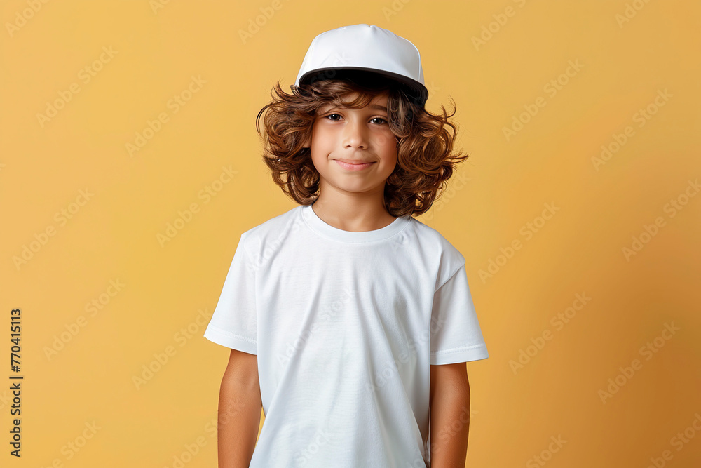 Cute boy in white t-shirt and cap. Kids t-shirt mockup. Cute boy in white t-shirt and cap. Kids t-shirt mockup.